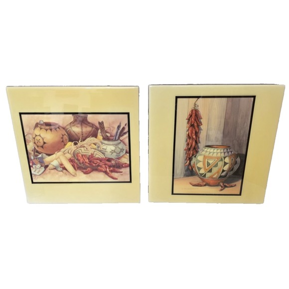 Set Of Two Art Glass 8x8 Southwest Design Tiles With Hangers Rommel Brueggemann - Picture 1 of 7